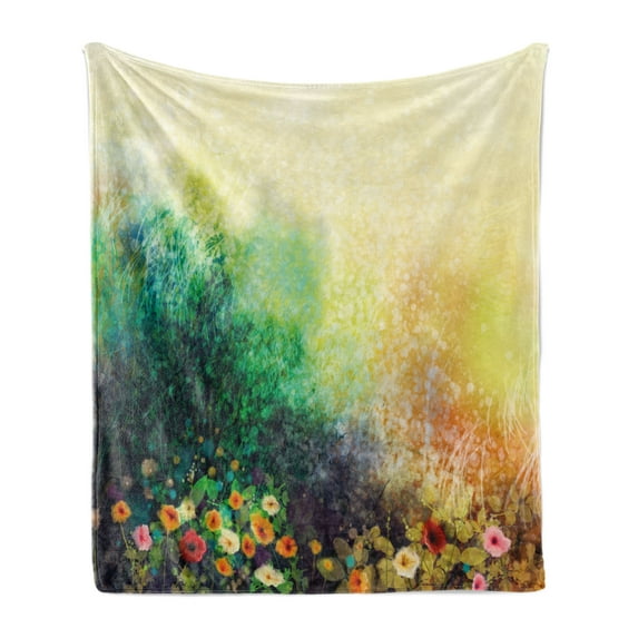 Flower Soft Flannel Fleece Blanket, Vibrant Colored Flower Bed on Valley in Fall Season with Shady Faded Murky Print, Cozy Plush for Indoor and Outdoor Use, 50" x 70", Green Mustard, by Ambesonne