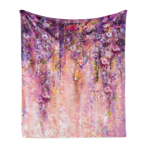 Flower Soft Flannel Fleece Blanket, Watercolor Painting Effect Wisteria Tree Blossoms Soft Scenic Spring Display, Cozy Plush for Indoor and Outdoor Use, 50" x 70", Violet Purple Pink, by Ambesonne