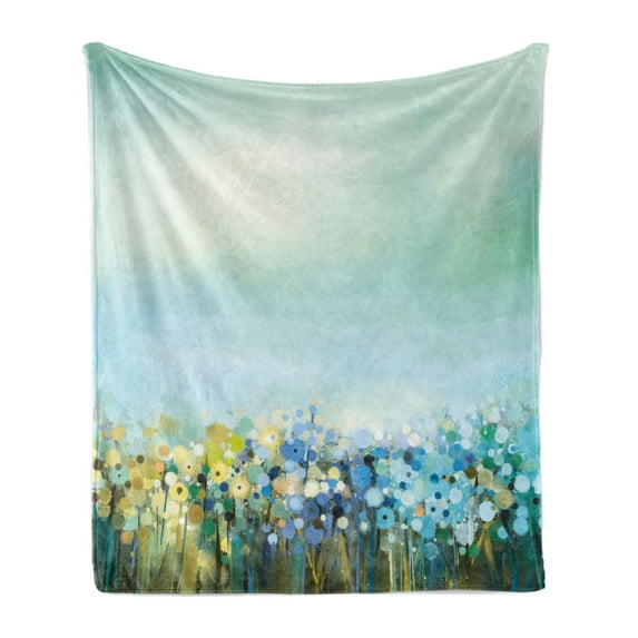 Flower Soft Flannel Fleece Throw Blanket, Aqua Impressionist Depiction of a Field Paint with Blooms Tranquil Concept Print, Cozy Plush for Indoor and Outdoor Use, 50" x 60", Pale Blue, by Ambesonne