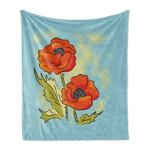 Flower Soft Flannel Fleece Throw Blanket, Blooming Red Poppies Illustration on a Graphic Background, Cozy Plush for Indoor and Outdoor Use, 50" x 60", Pale Blue Vermilion, by Ambesonne