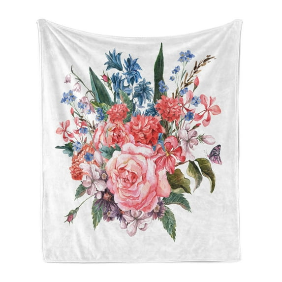 Flower Soft Flannel Fleece Throw Blanket, Bouquet of Garden Mountain Flowers with Roses and Daisises Buds and Leaves Print, Cozy Plush for Indoor and Outdoor Use, 60" x 80", Multicolor, by Ambesonne