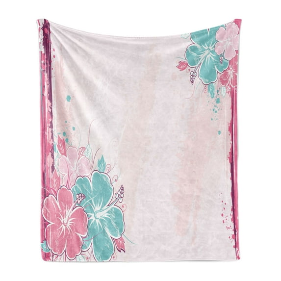 Flower Soft Flannel Fleece Throw Blanket, Bouquet of Hibiscus Florets Exotic Nature Watercolor Style Artwork, Cozy Plush for Indoor and Outdoor Use, 50" x 60", Turquoise Pale Pink, by Ambesonne