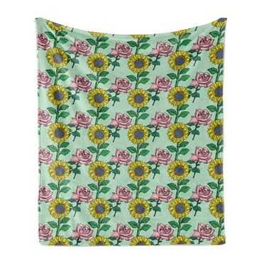 Flower Soft Flannel Fleece Throw Blanket, Cartoonish Blossoming Sunflower and Roses Pattern, Cozy Plush for Indoor and Outdoor Use, 50" x 70", Mint Green Multicolor, by Ambesonne
