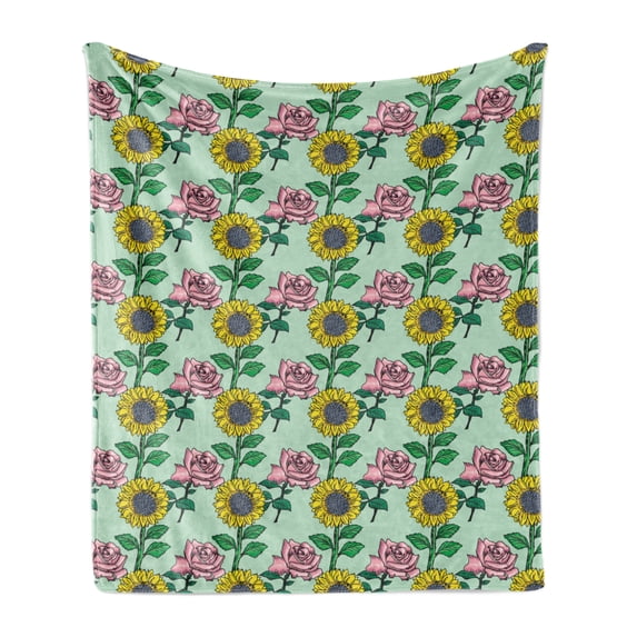 Flower Soft Flannel Fleece Throw Blanket, Cartoonish Blossoming Sunflower and Roses Pattern, Cozy Plush for Indoor and Outdoor Use, 70" x 90", Mint Green Multicolor, by Ambesonne