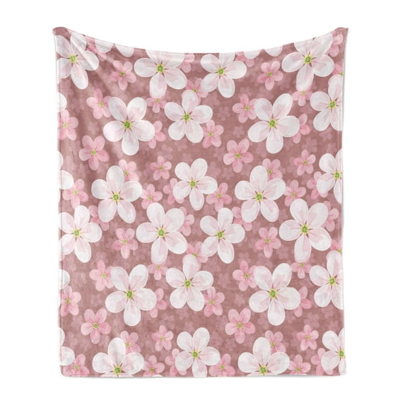 Flower Soft Flannel Fleece Throw Blanket, Cherry Blossoms Petal Plant Cartoon Children Sakura Floret Season, Cozy Plush for Indoor and Outdoor Use, 70" x 90", Dried Rose White Green, by Ambesonne