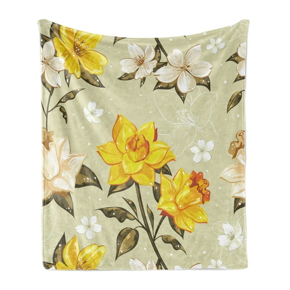 Flower Soft Flannel Fleece Throw Blanket, Classy Spring Floral Narcissus Branch Pattern with Dots and Line Artwork, Cozy Plush for Indoor and Outdoor Use, 50" x 70", Yellow Khaki Cream, by Ambesonne