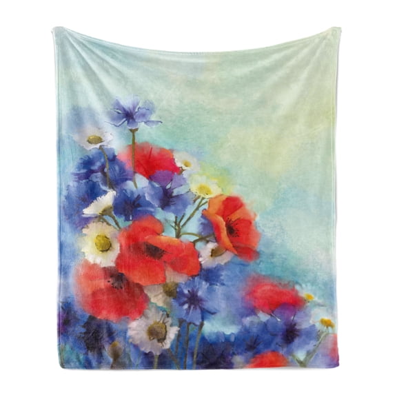 Flower Soft Flannel Fleece Throw Blanket, Close up Structured Bouquet with Flower Types Poppy Peacefulness Indulging Design, Cozy Plush for Indoor and Outdoor Use, 50" x 70", Red Blue, by Ambesonne