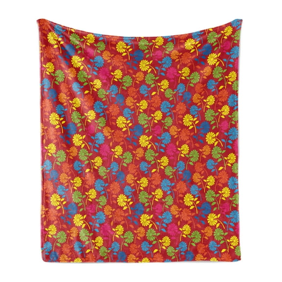 Flower Soft Flannel Fleece Throw Blanket, Colorful Blooming Daisies on a Warm Colored Background Rainbow Wildflower Pattern, Cozy Plush for Indoor and Outdoor Use, 50" x 60", Multicolor, by Ambesonne