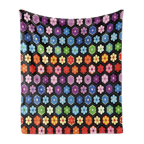 Flower Soft Flannel Fleece Throw Blanket, Colorful Vibrant Daisy Blossom Motifs Classic Hexagonal Comb Pattern Flower, Cozy Plush for Indoor and Outdoor Use, 50" x 70", Multicolor, by Ambesonne