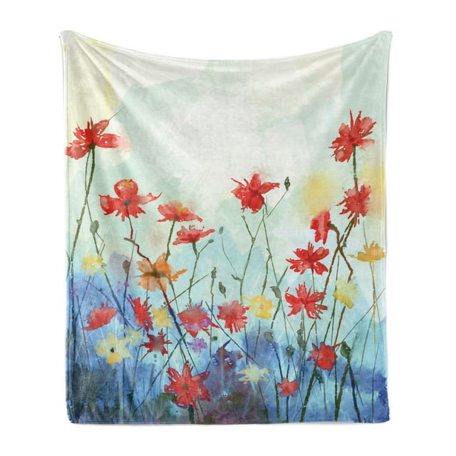 Flower Soft Flannel Fleece Throw Blanket, Composition Colorful Plants Spring Season Arrangement Hand Drawn Painting Design, Cozy Plush for Indoor and Outdoor Use, 50" x 60", Multicolor, by Ambesonne