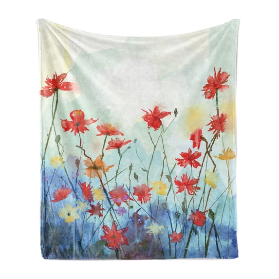 Flower Soft Flannel Fleece Throw Blanket, Composition Colorful Plants Spring Season Arrangement Hand Drawn Painting Design, Cozy Plush for Indoor and Outdoor Use, 50" x 70", Multicolor, by Ambesonne