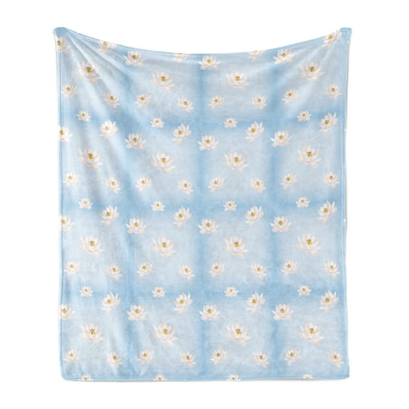 Flower Soft Flannel Fleece Throw Blanket, Continuous Peaceful Pattern with Cartoon Water Lily, Cozy Plush for Indoor and Outdoor Use, 50" x 60", Pale Azure Blue Pearl, by Ambesonne