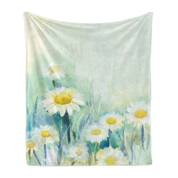 Flower Soft Flannel Fleece Throw Blanket, Daisies on Grass Mother Earth Impressionist Expression of Nature Print, Cozy Plush for Indoor and Outdoor Use, 70" x 90", Pale Blue White, by Ambesonne
