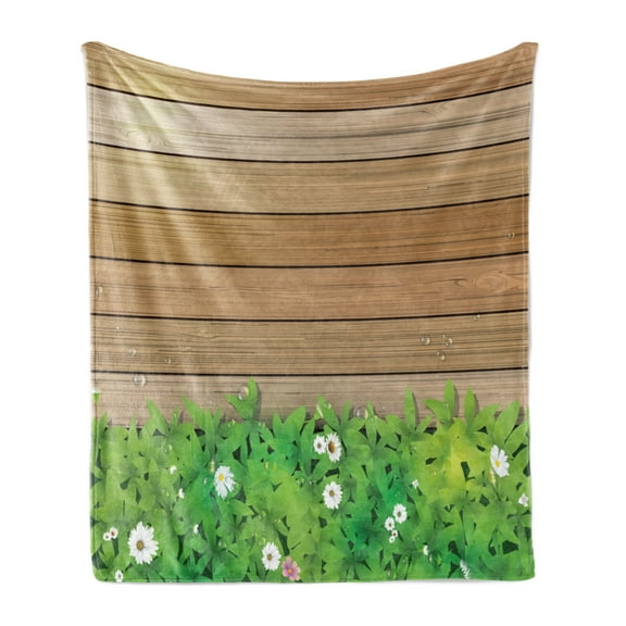 Flower Soft Flannel Fleece Throw Blanket, Daisy Leafs and Water Droplets Wood Fence Spring Nature Themed Computer Drawing, Cozy Plush for Indoor and Outdoor Use, 60" x 80", Green Brown, by Ambesonne
