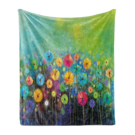 Flower Soft Flannel Fleece Throw Blanket, Dandelions Featured in Garden Brushstrokes Watercolored Abstract Landscape Art, Cozy Plush for Indoor and Outdoor Use, 70" x 90", Multicolor, by Ambesonne