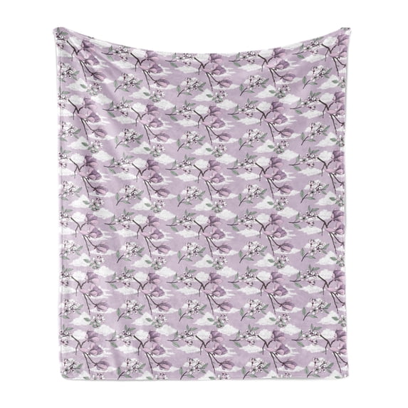 Flower Soft Flannel Fleece Throw Blanket, Detailed Drawn Flowers on Branches with Doodle Style Fluffy Clouds, Cozy Plush for Indoor and Outdoor Use, 60" x 80", Multicolor, by Ambesonne