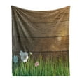 thumbnail image 1 of Flower Soft Flannel Fleece Throw Blanket, Digitally Drawn Daisy Field in Front of Wooden Fences Sunny Foliage Theme, Cozy Plush for Indoor and Outdoor Use, 60" x 80", Green Brown, by Ambesonne, 1 of 5
