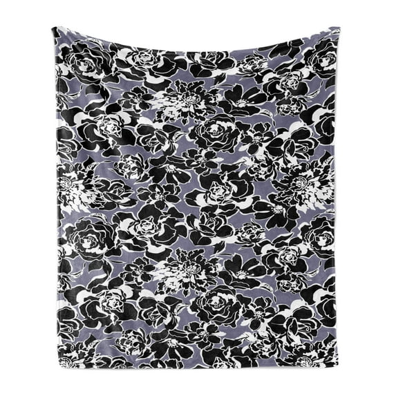 Flower Soft Flannel Fleece Throw Blanket, Floral Continuous Pattern Monochrome Style Garden Artwork Flora, Cozy Plush for Indoor and Outdoor Use, 60" x 80", Charcoal Grey and Purpleblue, by Ambesonne