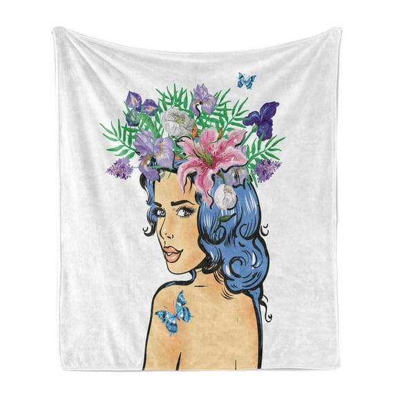 Flower Soft Flannel Fleece Throw Blanket, Floral Head Woman with Hibiscus Plants Violets Butterflies Spring Teen Girl Print, Cozy Plush for Indoor and Outdoor Use, 70" x 90", Multicolor, by Ambesonne