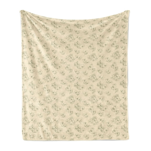 Flower Soft Flannel Fleece Throw Blanket, Floral Pattern with Orchid Branches Outline Drawn Vintage Botany, Cozy Plush for Indoor and Outdoor Use, 50" x 70", Champagne and Olive Green, by Ambesonne
