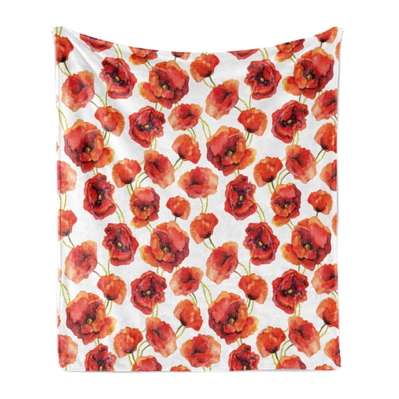 Flower Soft Flannel Fleece Throw Blanket, Floral Pattern Poppies Artwork Grassland Print Design Style, Cozy Plush for Indoor and Outdoor Use, 70" x 90", Scarlet White Red, by Ambesonne