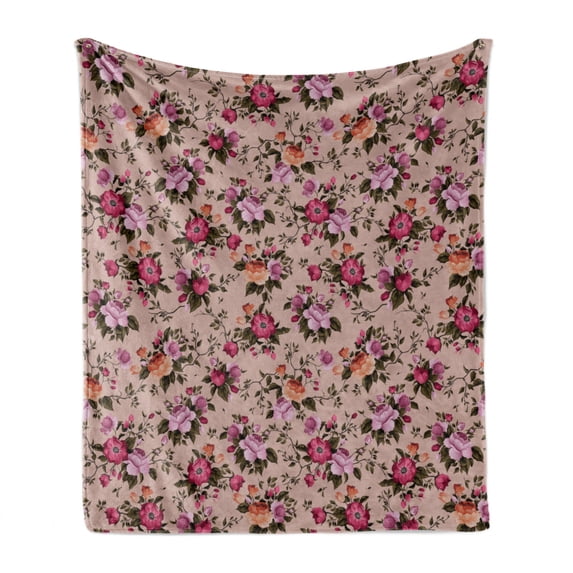 Flower Soft Flannel Fleece Throw Blanket, Floral Pattern with Roses Twig Warm Colors Flower Arrangement Bouquets, Cozy Plush for Indoor and Outdoor Use, 60" x 80", Tan Pink Dark Green, by Ambesonne