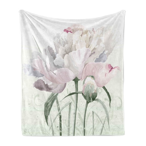 Flower Soft Flannel Fleece Throw Blanket, Floral Pink Roses Tulips Abstract Garden Leaves with Petals and Buds Detailed Print, Cozy Plush for Indoor and Outdoor Use, 70" x 90", White, by Ambesonne