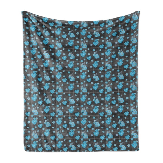 Flower Soft Flannel Fleece Throw Blanket, Forget Me Not Blossoms on a Dark Background with Grid Pattern Botany, Cozy Plush for Indoor and Outdoor Use, 50" x 60", Charcoal Grey Yellow, by Ambesonne