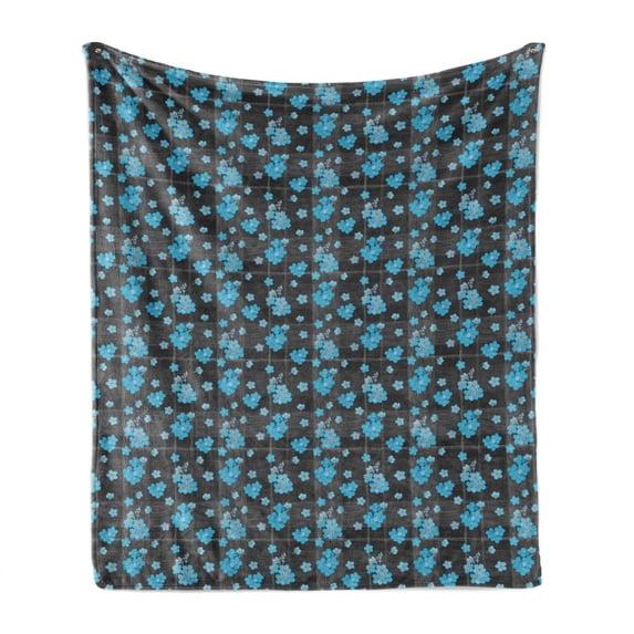 Flower Soft Flannel Fleece Throw Blanket, Forget Me Not Blossoms on a Dark Background with Grid Pattern Botany, Cozy Plush for Indoor and Outdoor Use, 70" x 90", Charcoal Grey Yellow, by Ambesonne