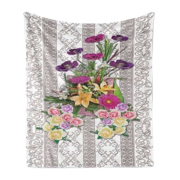 Flower Soft Flannel Fleece Throw Blanket, Fresh Colorful Spring Bouquet on Neutral Vintage Ornaments, Cozy Plush for Indoor and Outdoor Use, 50" x 70", Warm Taupe Multicolor, by Ambesonne