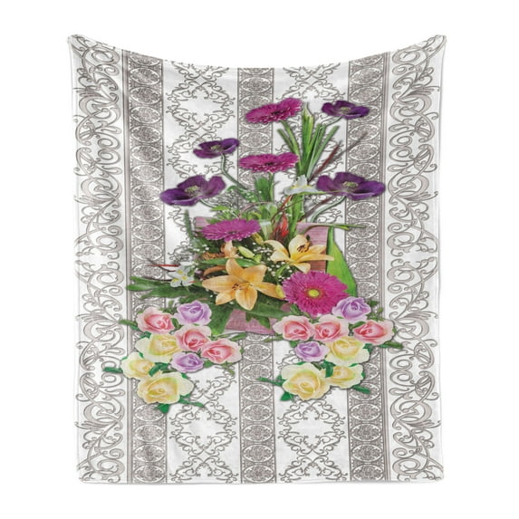 Flower Soft Flannel Fleece Throw Blanket, Fresh Colorful Spring Bouquet on Neutral Vintage Ornaments, Cozy Plush for Indoor and Outdoor Use, 60" x 80", Warm Taupe Multicolor, by Ambesonne