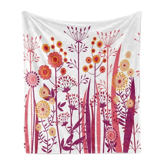 Flower Soft Flannel Fleece Throw Blanket, Garden Pink Florals Buds Leaves Swirls Romantic Modern Art, Cozy Plush for Indoor and Outdoor Use, 70" x 90", Pale Pink Orange, by Ambesonne