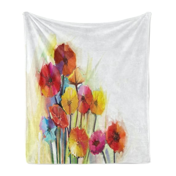 Flower Soft Flannel Fleece Throw Blanket, Gerbera Bouquets Romantic Floral Arrangement Blossom Side of the Nature, Cozy Plush for Indoor and Outdoor Use, 50" x 60", Red Yellow, by Ambesonne