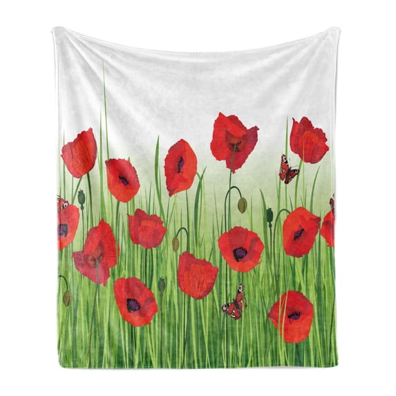 Flower Soft Flannel Fleece Throw Blanket, Grass Flowers Butterfly Floral Arrangement Summer Greenland Work of Art Print, Cozy Plush for Indoor and Outdoor Use, 50" x 60", Green and Red, by Ambesonne