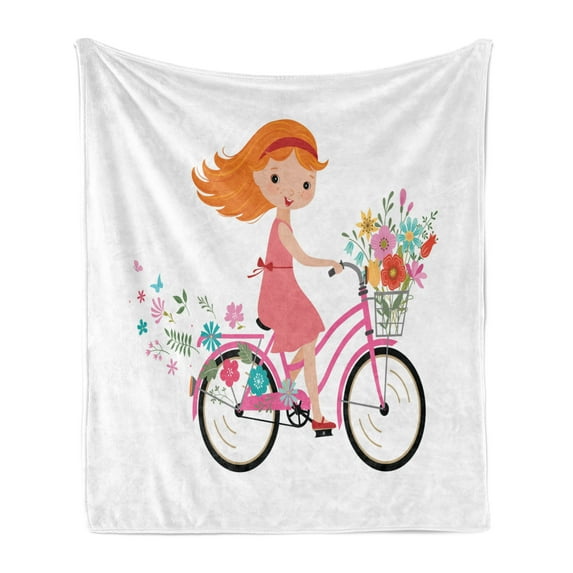 Flower Soft Flannel Fleece Throw Blanket, Happy Little Girl with Bunch of Flowers Riding a Bike Cheerful Childhood Activity, Cozy Plush for Indoor and Outdoor Use, 50" x 60", Multicolor, by Ambesonne