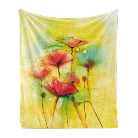 Flower Soft Flannel Fleece Throw Blanket, Hazy Poppy Flowers Motif in Different Tones Spring Season Inspired Modern Picture, Cozy Plush for Indoor and Outdoor Use, 60" x 80", Yellow Red, by Ambesonne