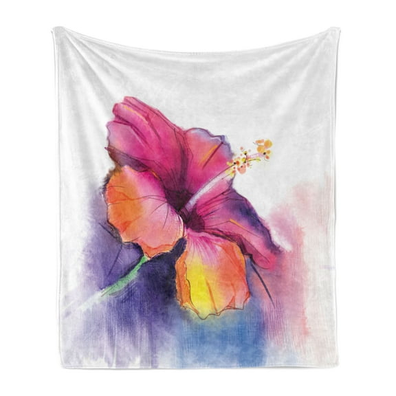 Flower Soft Flannel Fleece Throw Blanket, Hibiscus Flower in Pastel Abstract Colorful Romantic Petal Pattern Artwork Print, Cozy Plush for Indoor and Outdoor Use, 70" x 90", Multicolor, by Ambesonne
