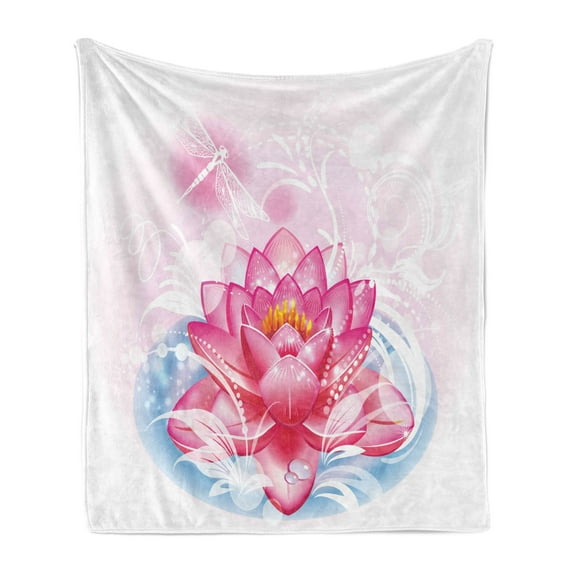 Flower Soft Flannel Fleece Throw Blanket, Mandala Motif Orient Yoga Theme Lotus Flower with Abstract Mantis and Dots Photo, Cozy Plush for Indoor and Outdoor Use, 60" x 80", Pink, by Ambesonne