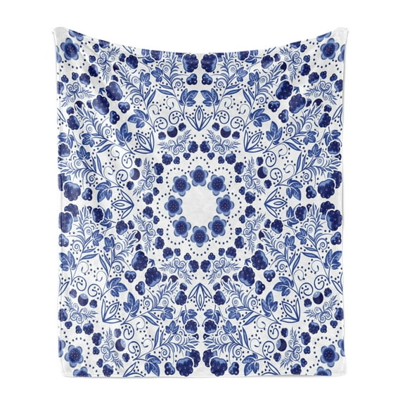 Flower Soft Flannel Fleece Throw Blanket, Middle Eastern Swirl Petals with Ottoman Folk Art Effects Boho Design, Cozy Plush for Indoor and Outdoor Use, 70" x 90", Blue, by Ambesonne