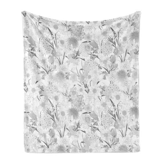 Flower Soft Flannel Fleece Throw Blanket, Monochrome Bouquet of Wildflowers Leaves Pattern with Butterflies, Cozy Plush for Indoor and Outdoor Use, 50" x 60", Pale Grey Grey and White, by Ambesonne