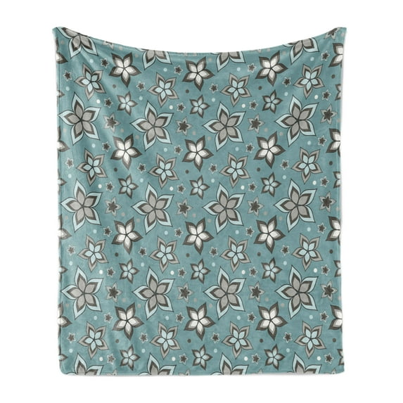 Flower Soft Flannel Fleece Throw Blanket, Nature Beauty Floret Motif Botany Garden Bouquet Essence Fragrance Theme, Cozy Plush for Indoor and Outdoor Use, 50" x 70", Pale Grey Turquoise, by Ambesonne