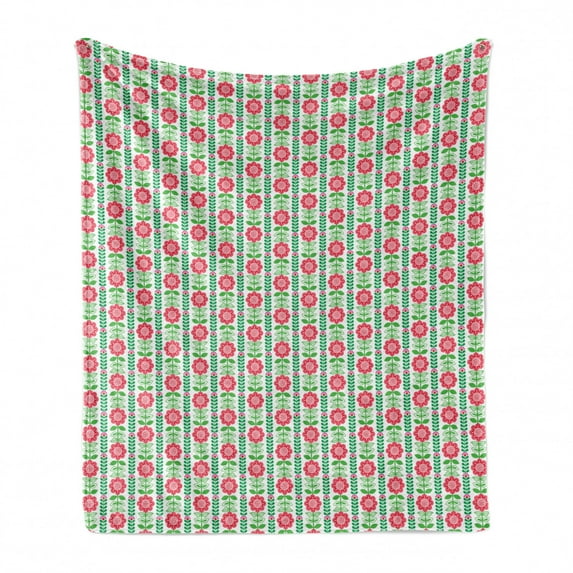 Flower Soft Flannel Fleece Throw Blanket, Nordic Style Flourishing Flowers and Leaves Folk Art Composition, Cozy Plush for Indoor and Outdoor Use, 50" x 70", Apple Green Vermilion, by Ambesonne