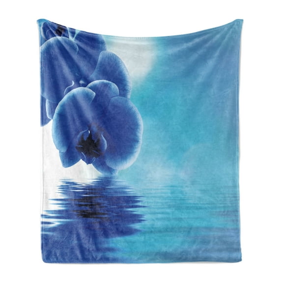 Flower Soft Flannel Fleece Throw Blanket, Orchid Floral Design with Reflection to a River Water Image Photo, Cozy Plush for Indoor and Outdoor Use, 60" x 80", Violet Blue White, by Ambesonne