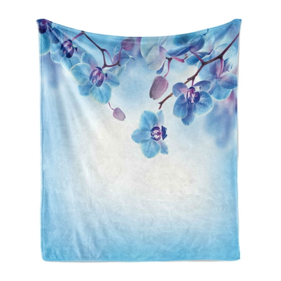 Flower Soft Flannel Fleece Throw Blanket, Orchids Natural Flowers Reflections on the Water for Spring Calming Art, Cozy Plush for Indoor and Outdoor Use, 60" x 80", Blue and Purple, by Ambesonne