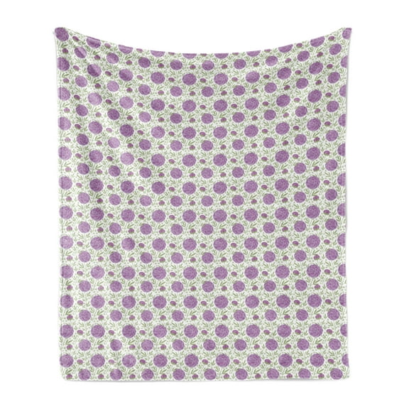 Flower Soft Flannel Fleece Throw Blanket, Ornament of Floral Motifs Petals and Leaves Designed with Pixel-Like Dots, Cozy Plush for Indoor and Outdoor Use, 50" x 60", Violet Green White, by Ambesonne