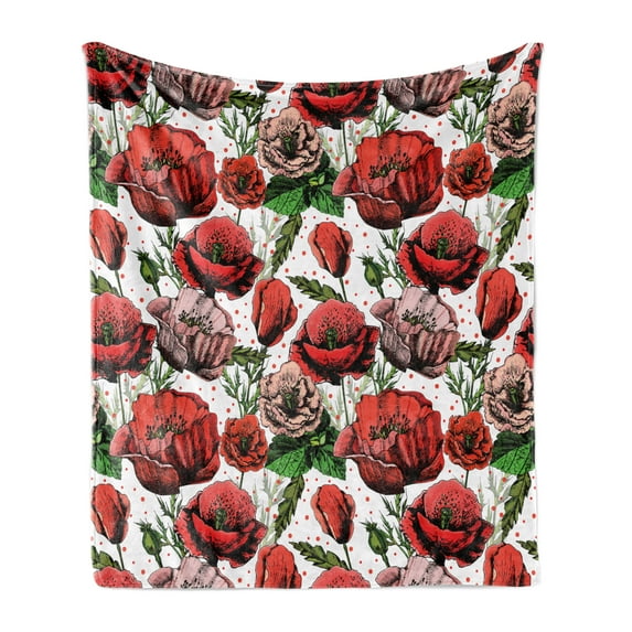 Flower Soft Flannel Fleece Throw Blanket, Pattern with Colorful Poppy Flowers Polkadot Background Classic Style, Cozy Plush for Indoor and Outdoor Use, 50" x 70", Red Green Dried Rose, by Ambesonne