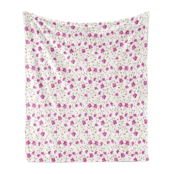 Flower Soft Flannel Fleece Throw Blanket, Peony in Vintage Style Girly Curly Stems Happy Times Engagement Theme, Cozy Plush for Indoor and Outdoor Use, 50" x 70", Pink Reseda Green, by Ambesonne