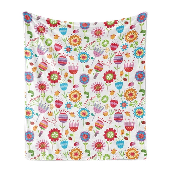 Flower Soft Flannel Fleece Throw Blanket, Playful Garden Colorful Meadow with Blossoming Flowers Strawberries Birds Animals, Cozy Plush for Indoor and Outdoor Use, 60" x 80", Multicolor, by Ambesonne