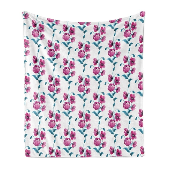 Flower Soft Flannel Fleece Throw Blanket, Poppies Ornamental Vintage Style Design Leaves Buds Botany Artwork, Cozy Plush for Indoor and Outdoor Use, 70" x 90", Fuchsia and Petrol Blue, by Ambesonne
