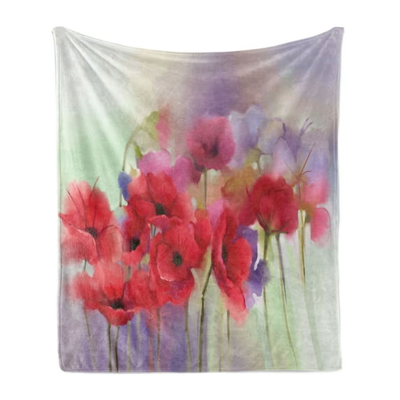 Flower Soft Flannel Fleece Throw Blanket, Poppy Flowers Blur Spring Floral Seasonal Romantic Illustration Print, Cozy Plush for Indoor and Outdoor Use, 50" x 70", Lavender and Red, by Ambesonne
